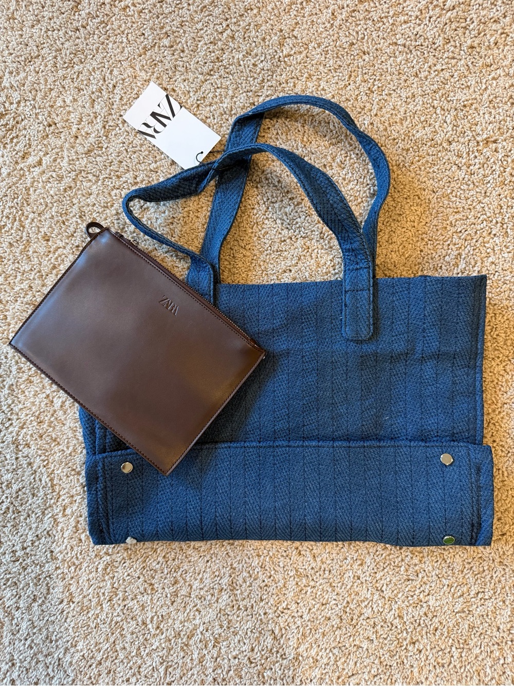 Zara Navy Quilted Tote with Brown Removable Pouch